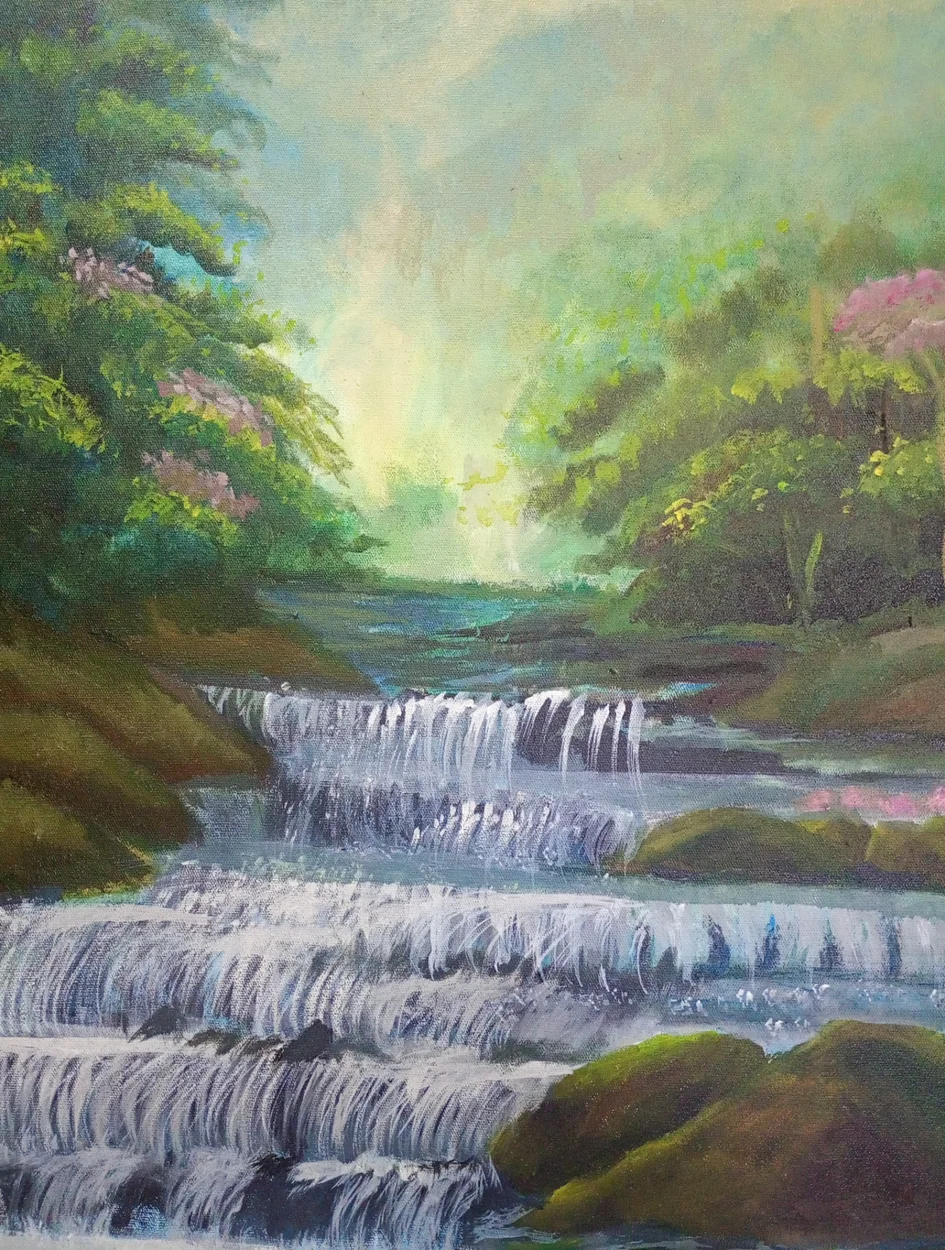 Pintura de cachoeira entre vegetação